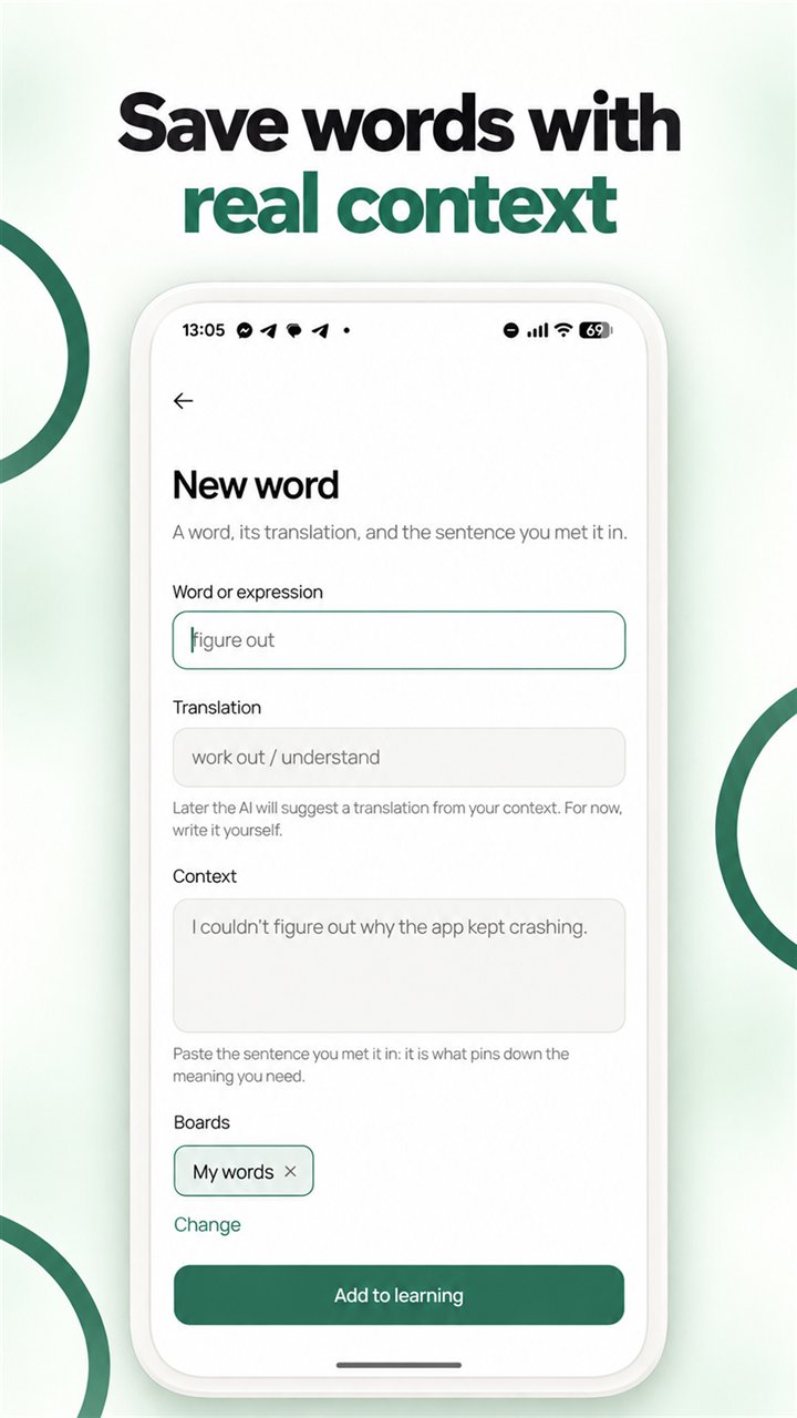 Add a new word with its translation, original sentence, and vocabulary board